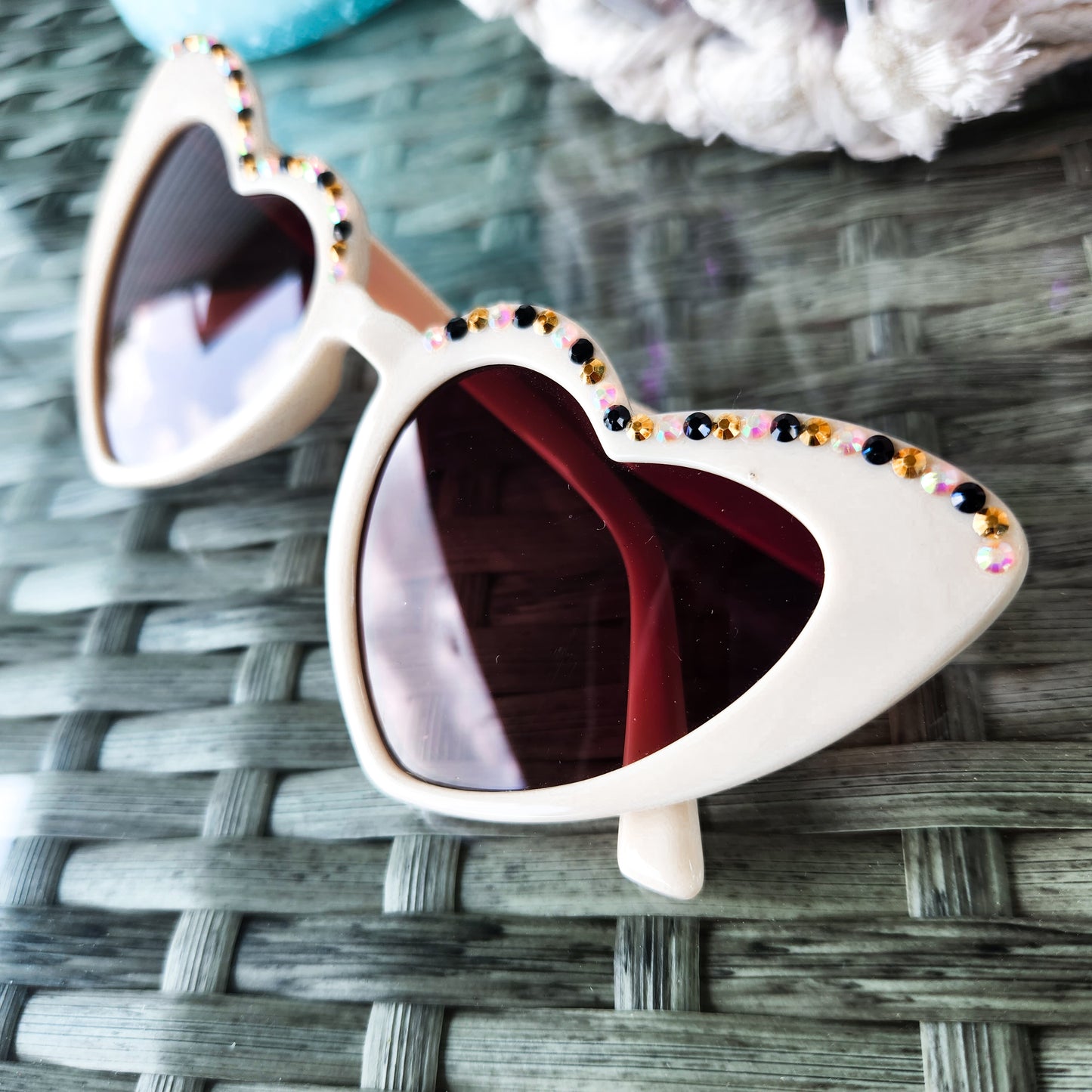 Ivory Heart Shaped Sunnies with Black, Gold, and Multicolor Rhinestone Accents