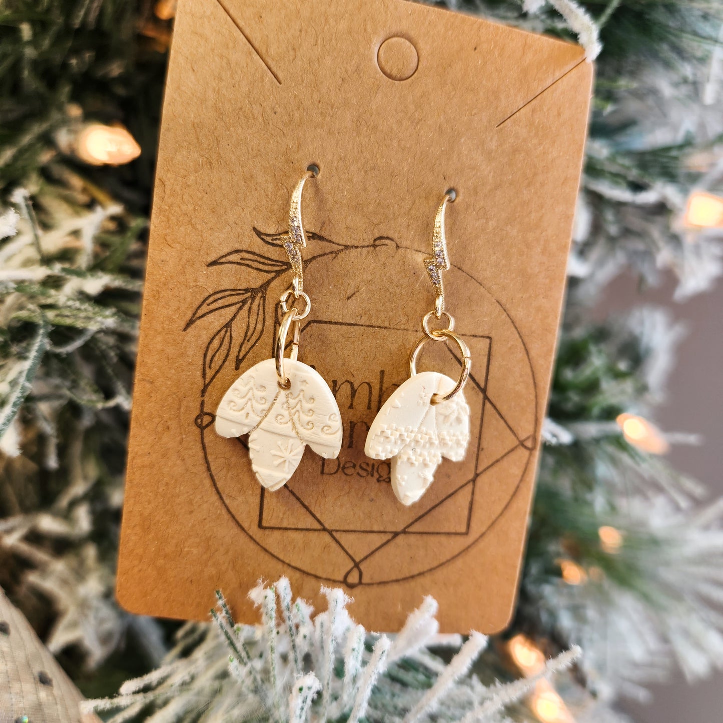 Embossed Ivory Christmas Tri-leaf Dangles on Rhinestone Hooks