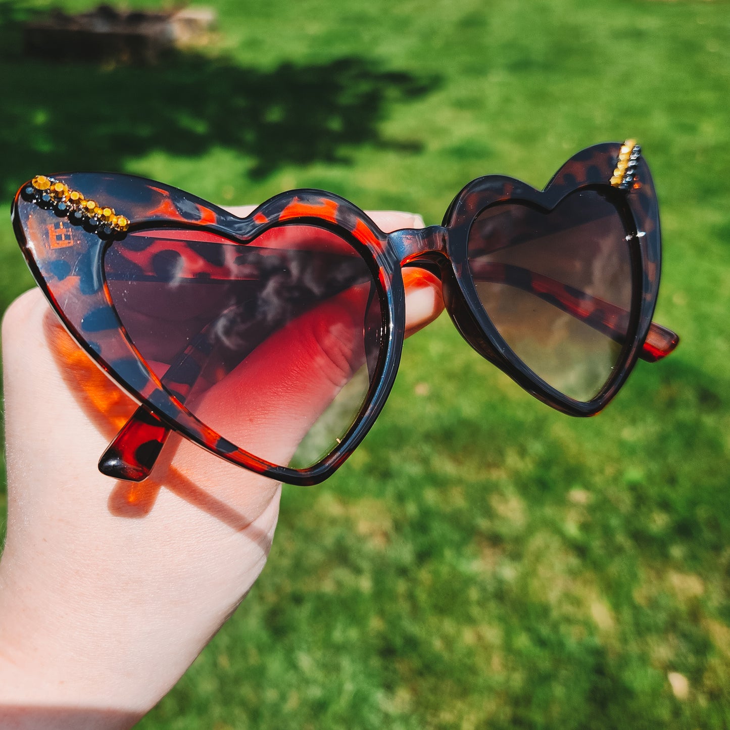 Tortoise Shell Heart Shaped Sunnies with Gold and Black Rhinestone Accent
