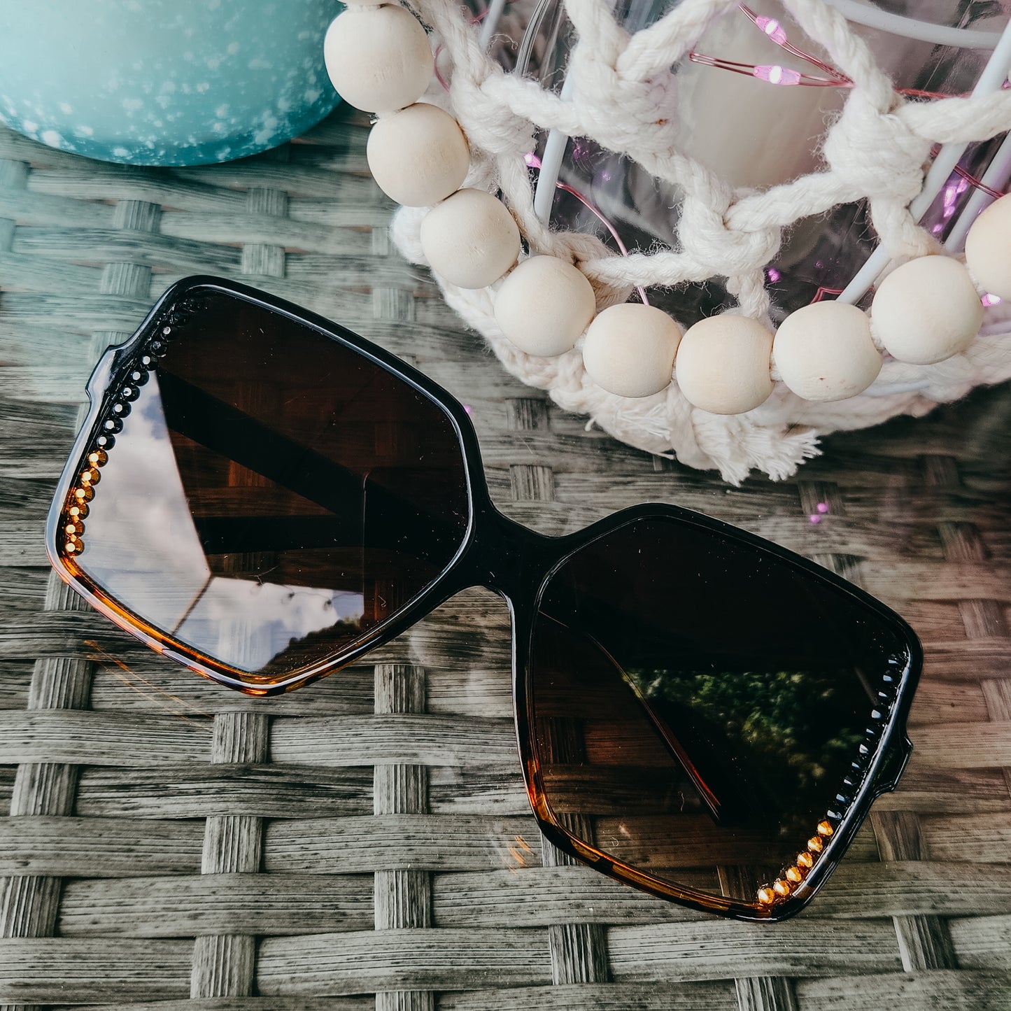 Black and Tortoise Shell Oversized Square Ombre Sunnies with Black and Gold Rhinestone Accent