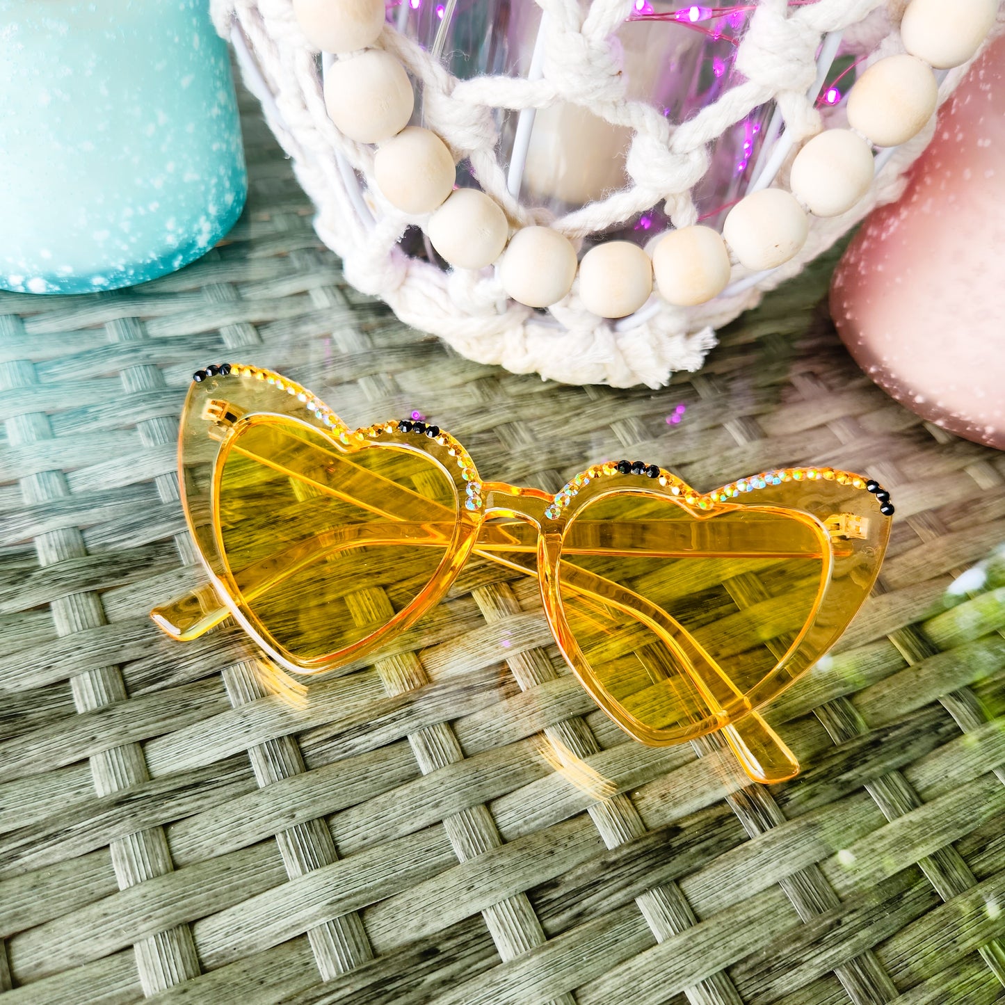 Summer Yellow Heart Shaped Translucent Sunnies with Black, Gold, and Yellow Rhinestone Accents