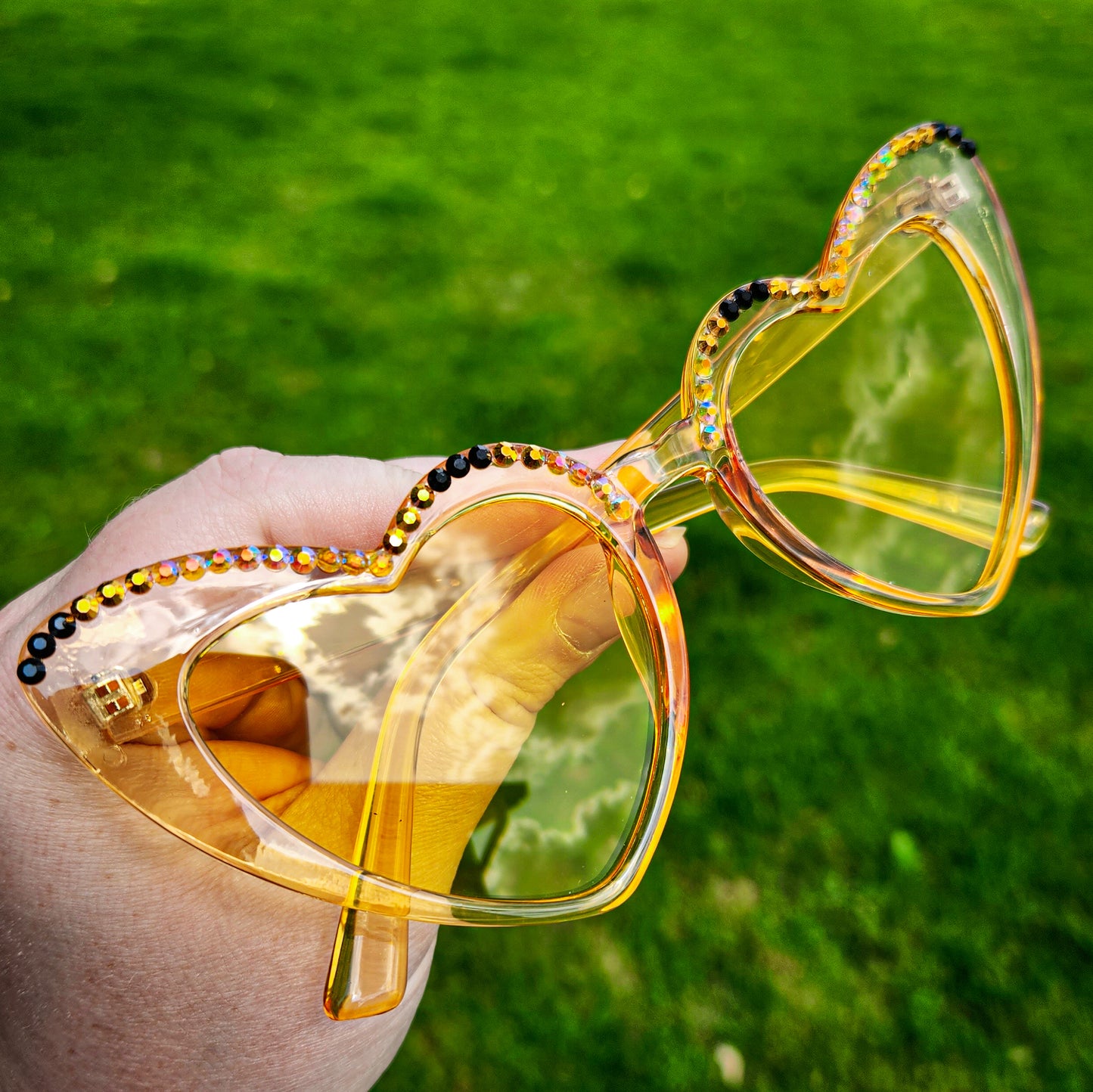 Summer Yellow Heart Shaped Translucent Sunnies with Black, Gold, and Yellow Rhinestone Accents