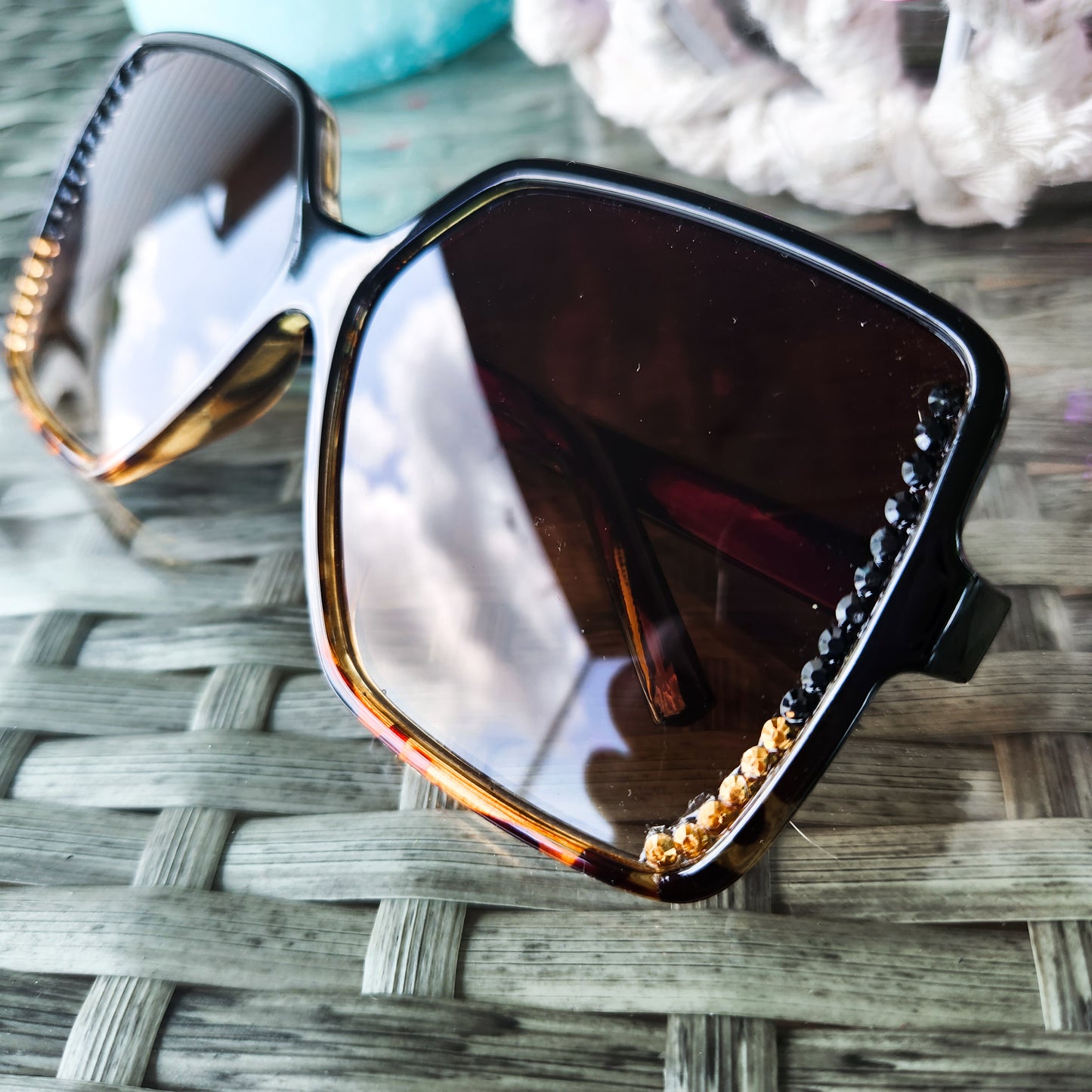 Black and Tortoise Shell Oversized Square Ombre Sunnies with Black and Gold Rhinestone Accent