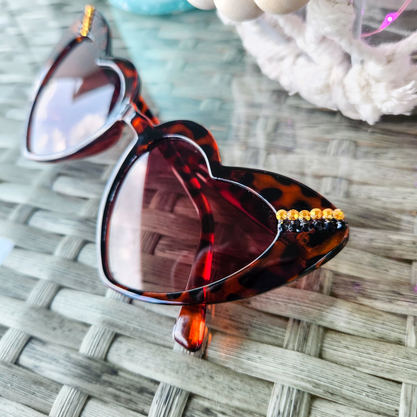 Tortoise Shell Heart Shaped Sunnies with Gold and Black Rhinestone Accent