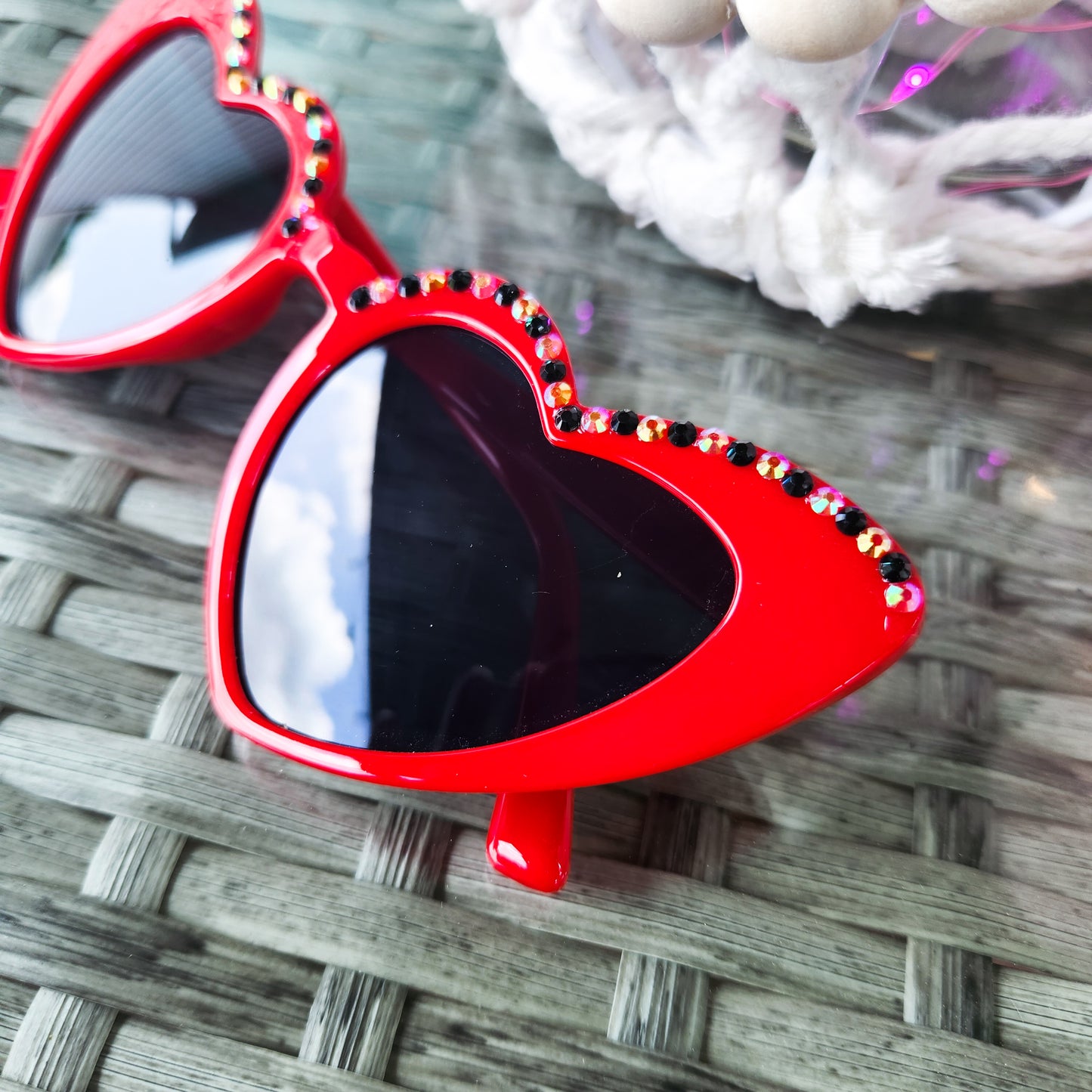 Rose Red Heart Shaped Sunnies with Black and Multicolor Rhinestone Accents