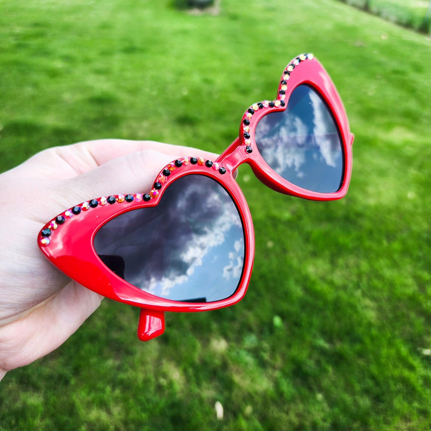 Rose Red Heart Shaped Sunnies with Black and Multicolor Rhinestone Accents
