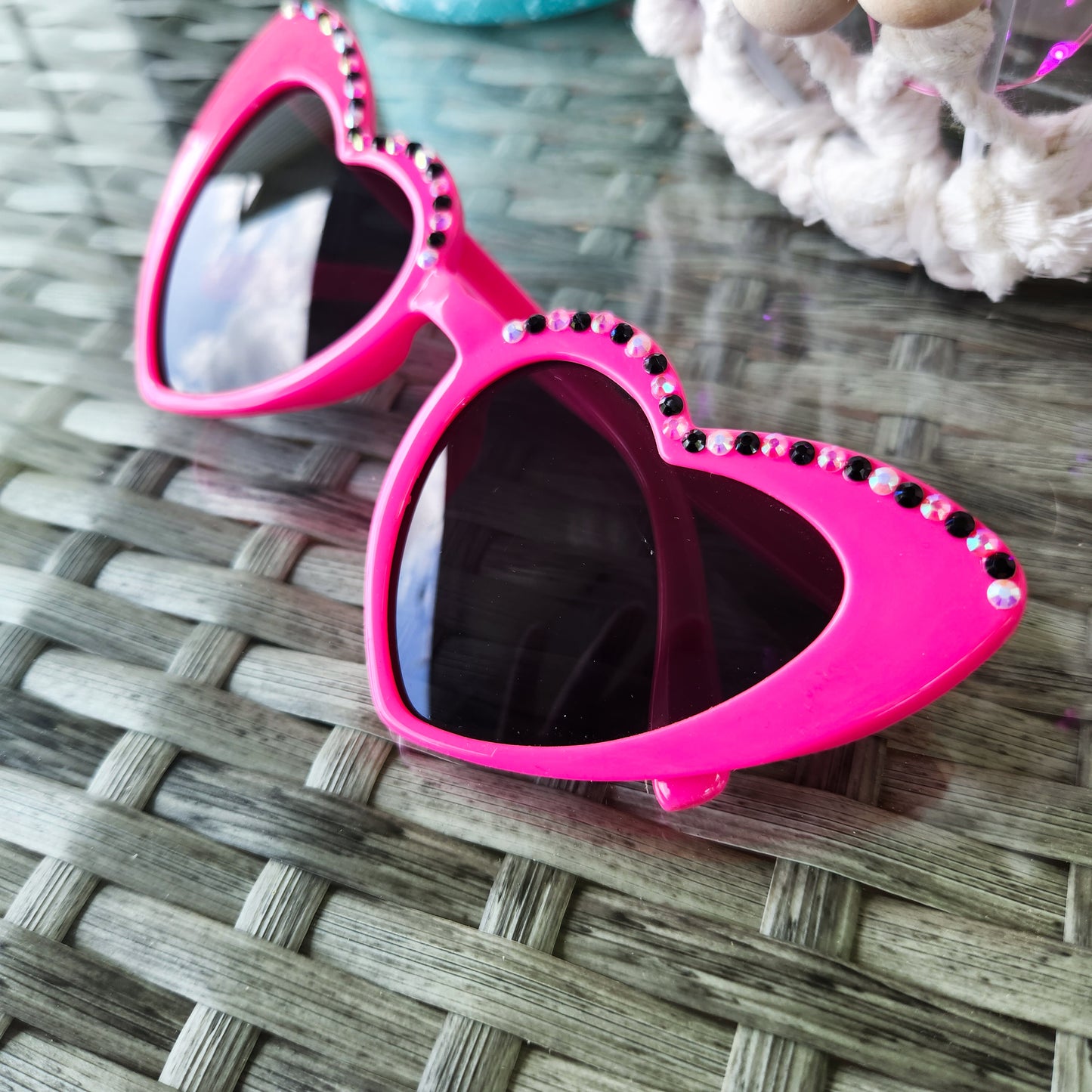 Malibu Pink Heart Shaped Sunnies with Black and Pink Rhinestone Accents