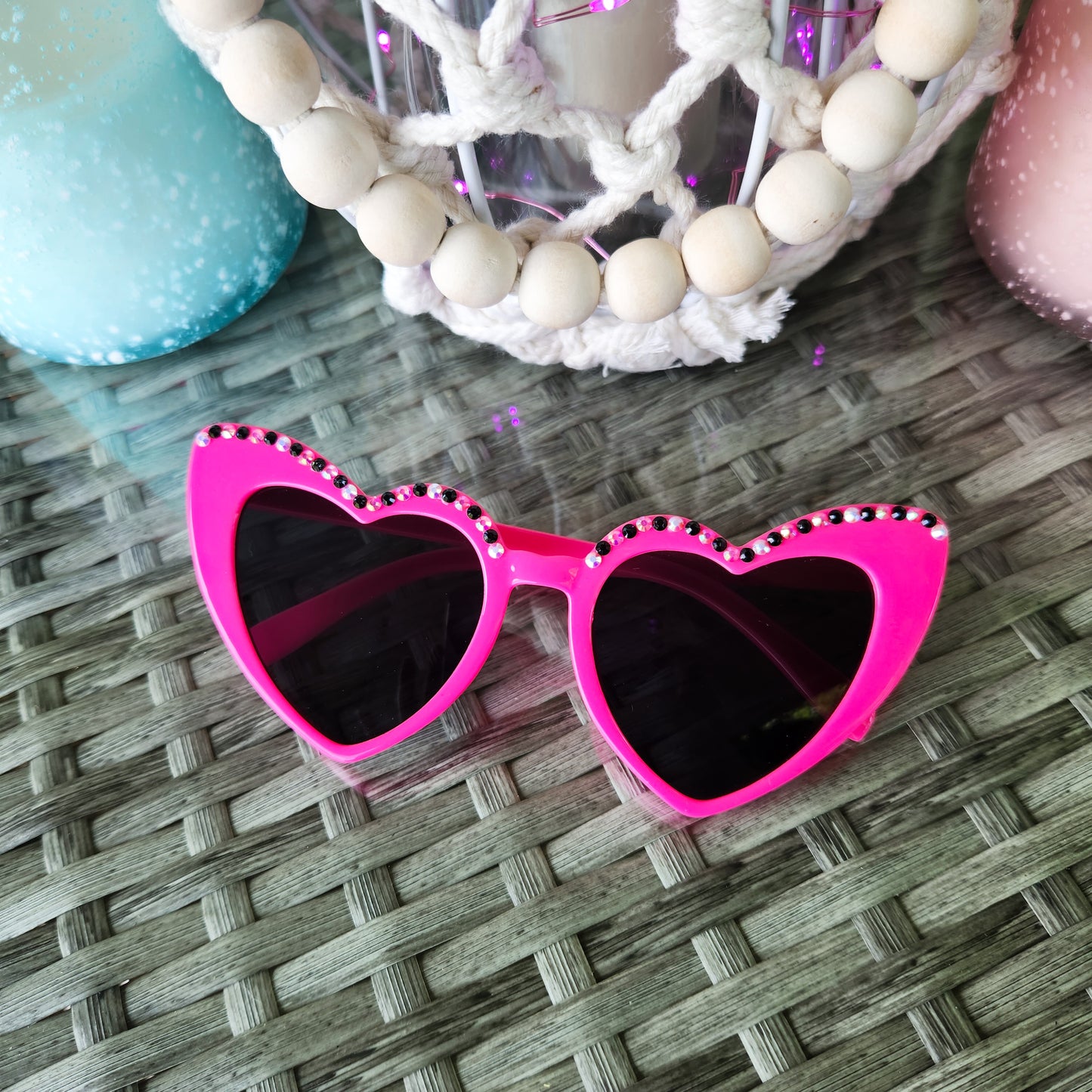 Malibu Pink Heart Shaped Sunnies with Black and Pink Rhinestone Accents