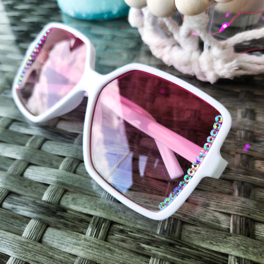 White and Pink Ombre Oversized Square Frame Sunnies with Multicolor Prismatic Rhinestone Accents