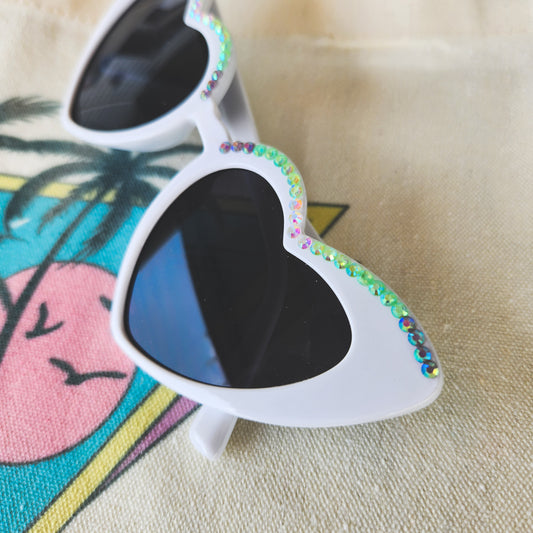 White Heart Shaped Sunnies with Multicolored Rhinestones