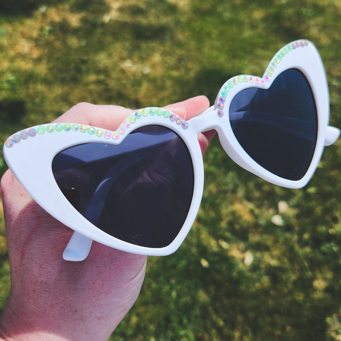 White Heart Shaped Sunnies with Multicolored Rhinestones