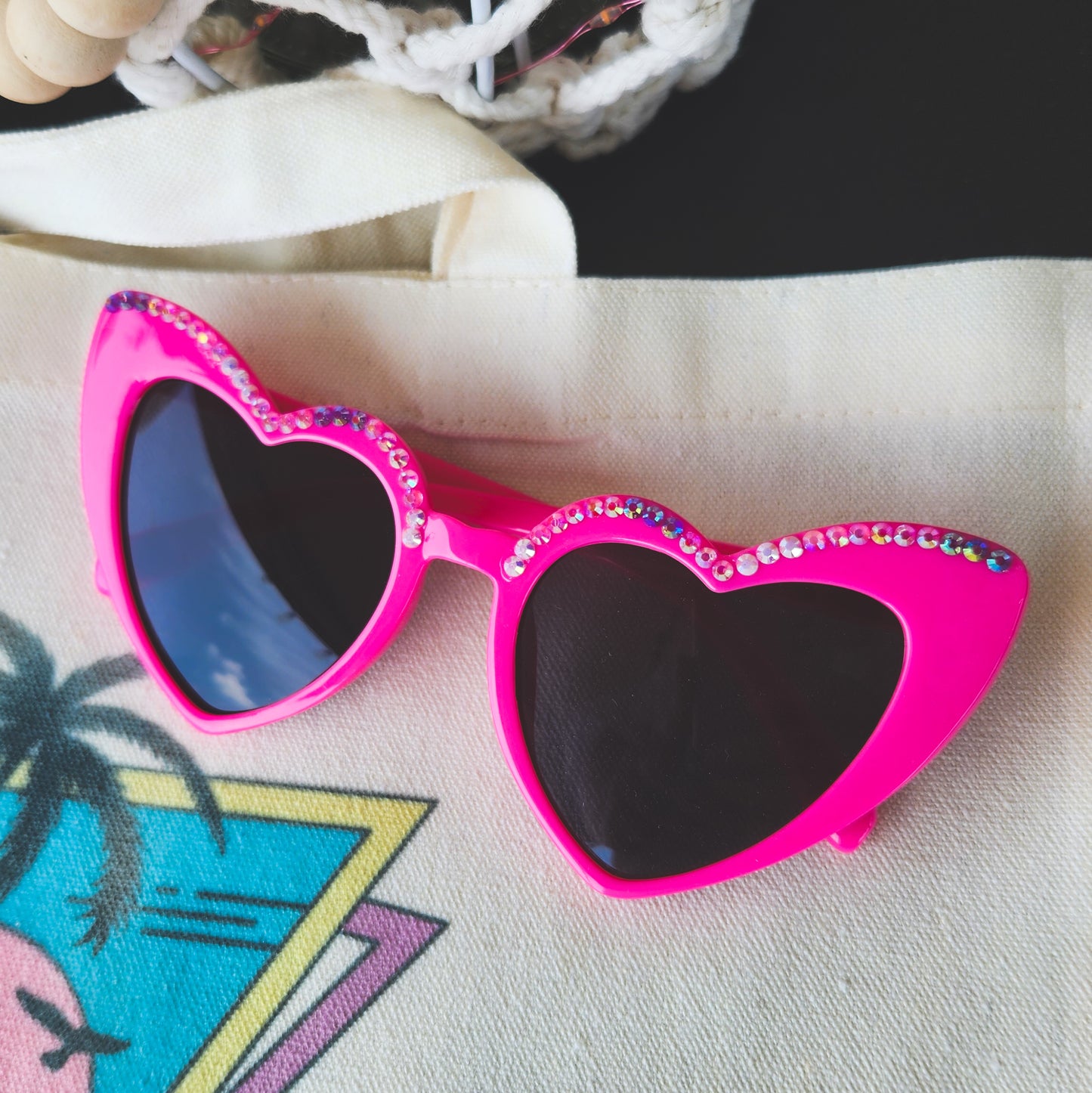 Bright Pink Heart Shaped Sunnies with Pink and Purple Rhinestones