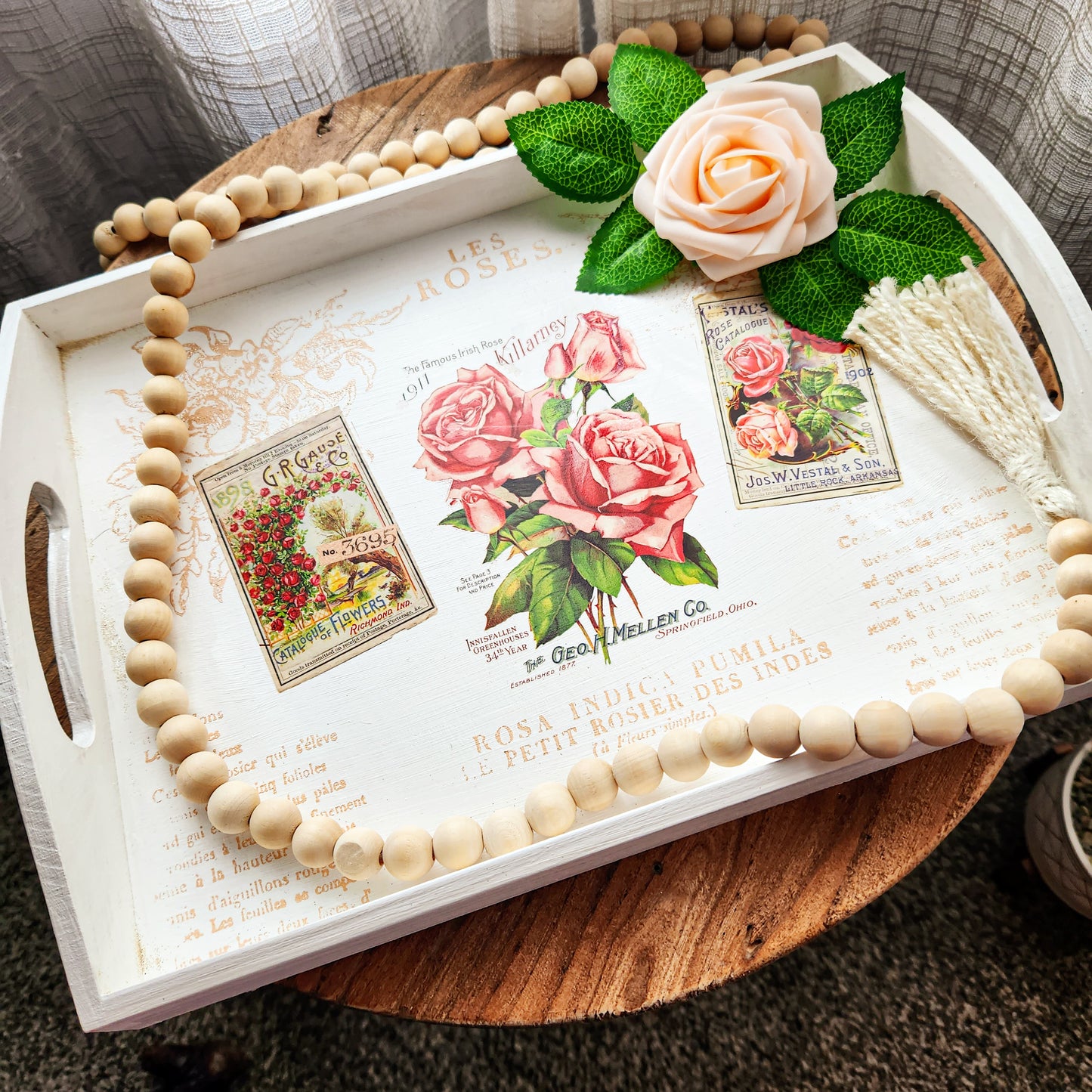 Vintage Pink Roses, White Decorative Tray 13"x9"