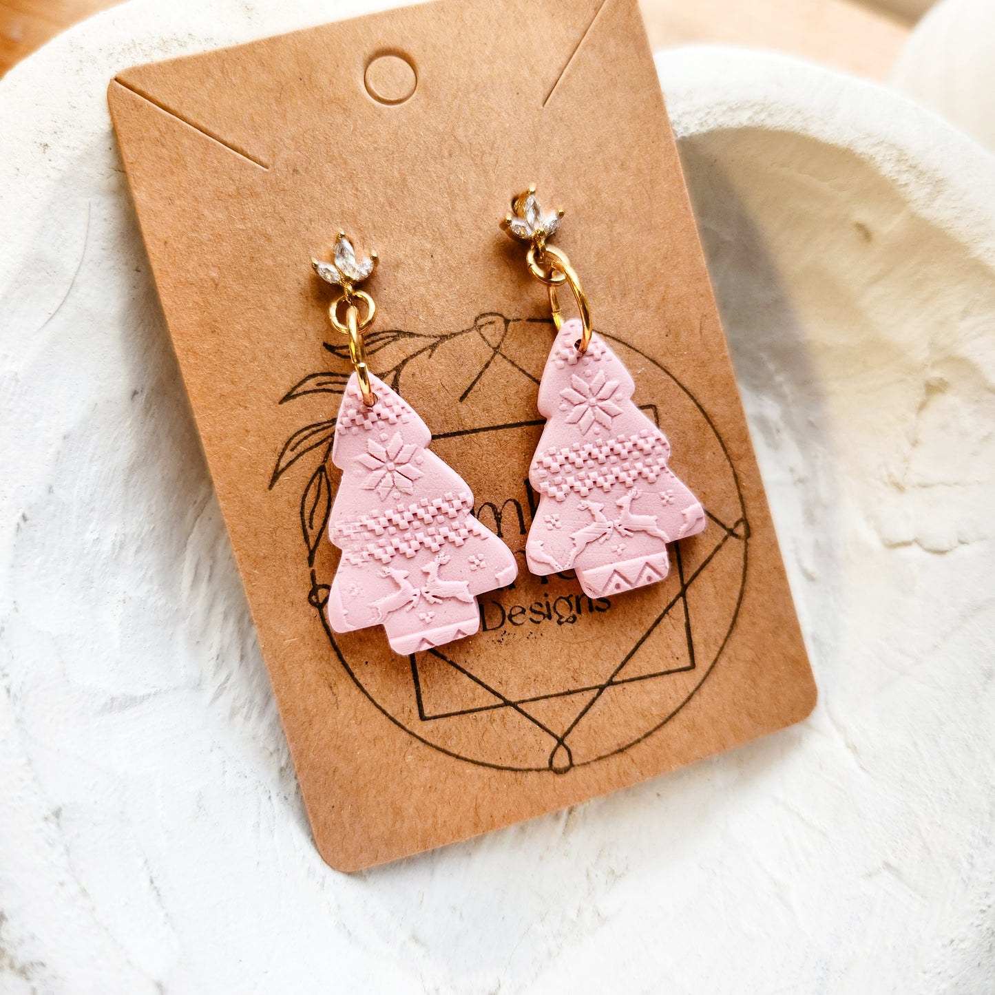 Pink Christmas Sweater Trees on 18k Gold Plated Rhinestone Studs