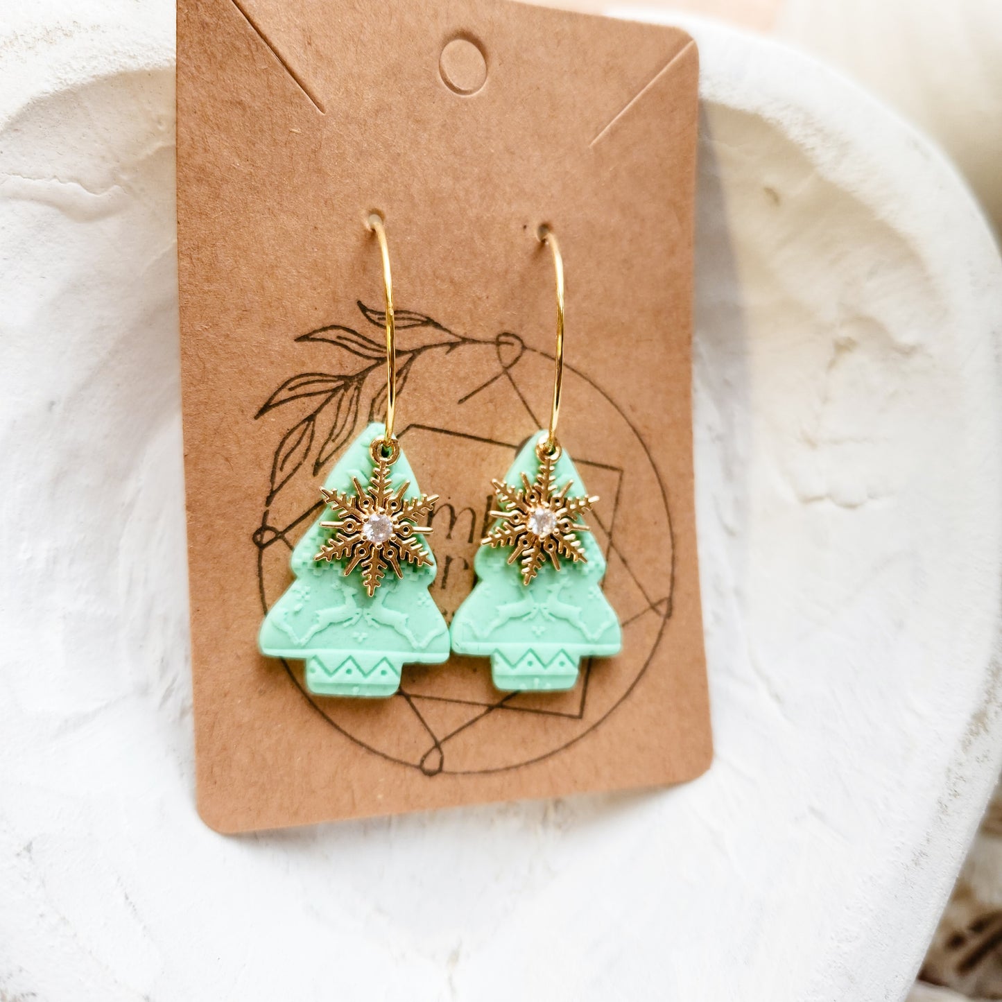Mint Green Christmas Sweater Trees with Gold Snowflake Dangle on 18k Gold Plated Hoops