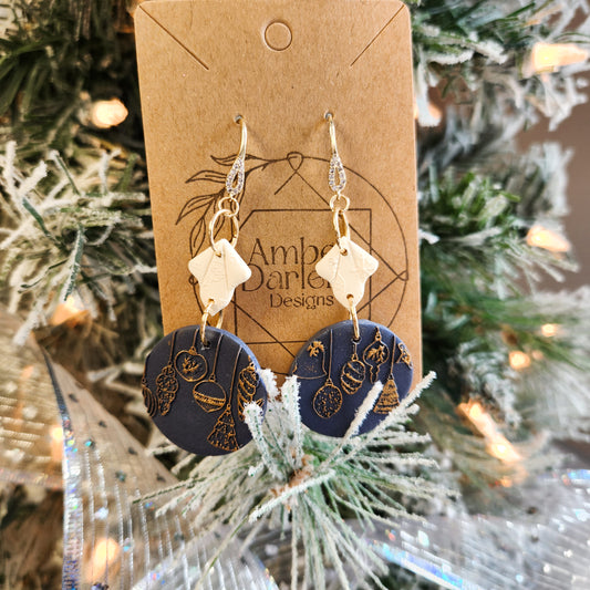 Blue Christmas Embossed Gold Ornament Dangles