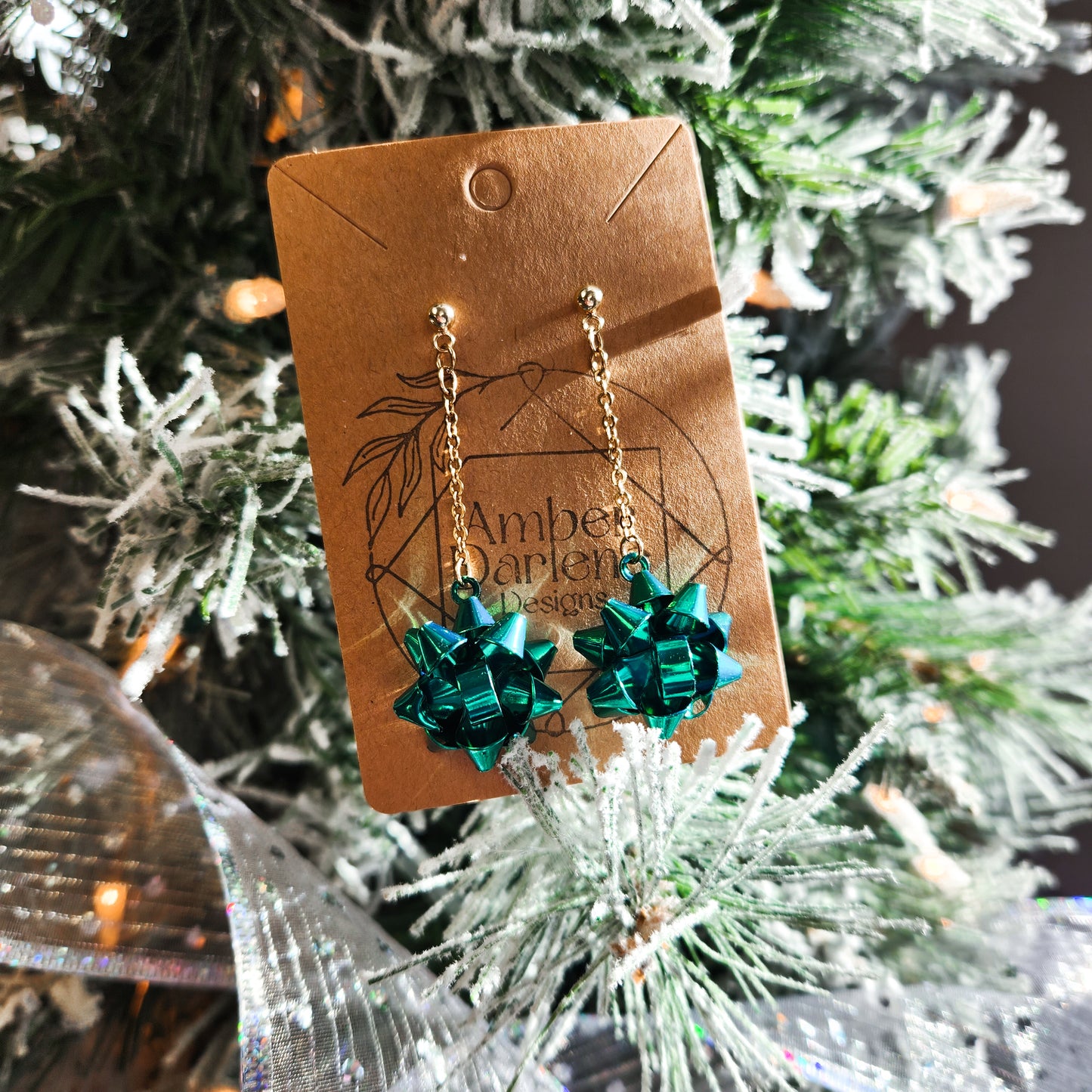 Green Gift Bow Dangles on 18k Gold Plated Posts