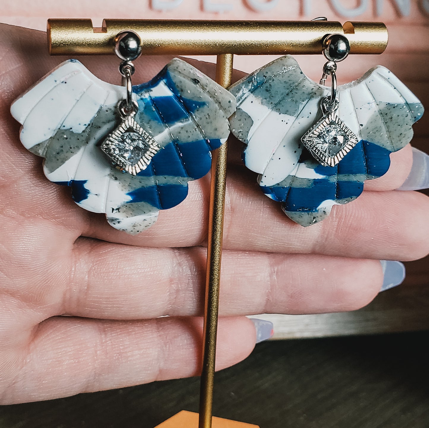 Husky Blue Marble Drop Fan Dangles with Cubic Zirconia Accent