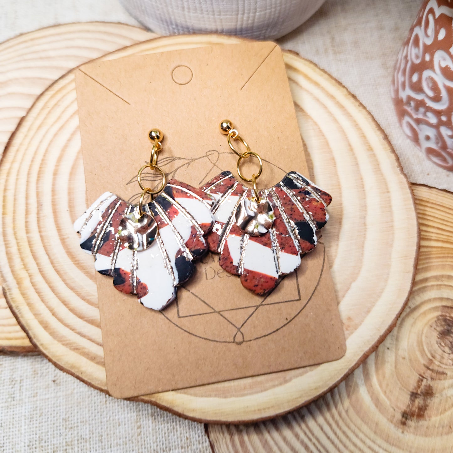 Fall Calico Shell Dangles with Hammered Gold Accent