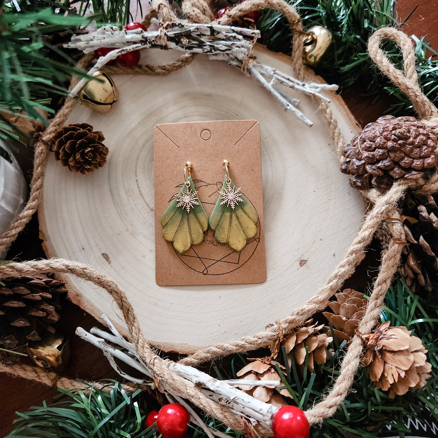 Green and Gold Ombre Teardrop Dangles with Snowflake Charm