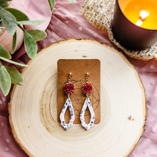 Valentine's White Patterned Cutout Drop Dangles with Red Rose Accent