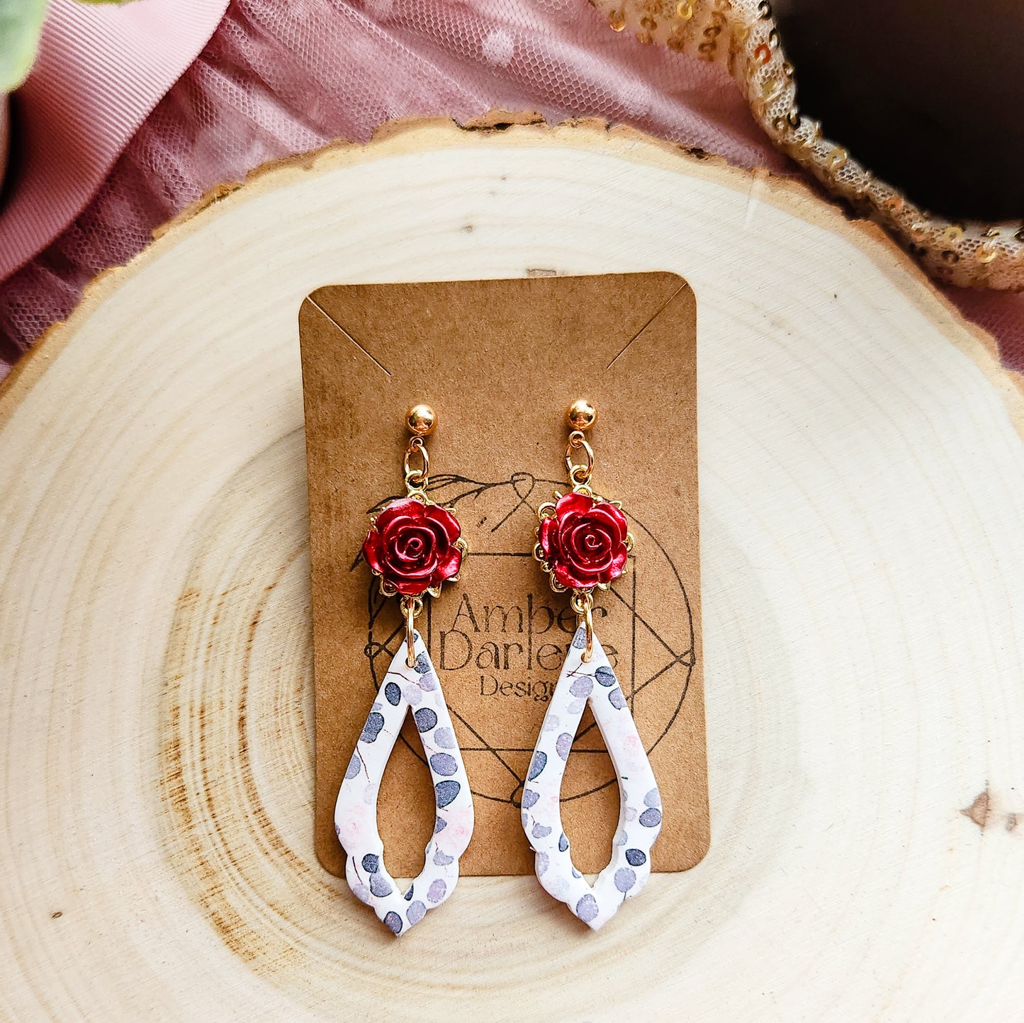 Valentine's White Patterned Cutout Drop Dangles with Red Rose Accent