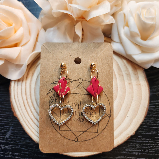 Red and Gold Dangles with Cubic Zirconia Heart Charms