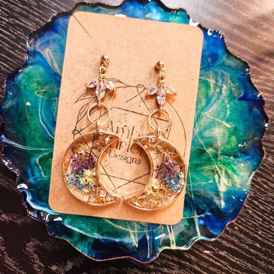 Clear Resin Dried Flower Moon Dangles- 24k Plated Posts